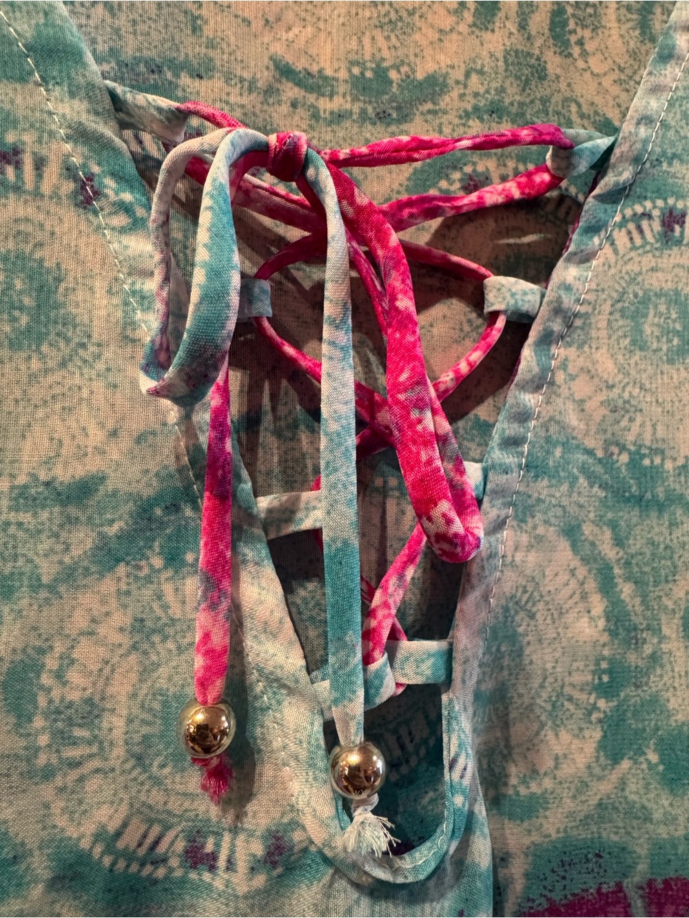 Women’s Tie-Dye Lace-Up Swim Coverup in Blue & Pink - Picture 3 of 7